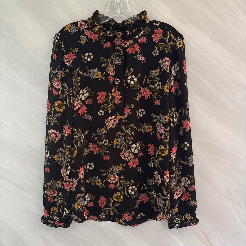 LOFT L Black Blouse with Floral Design